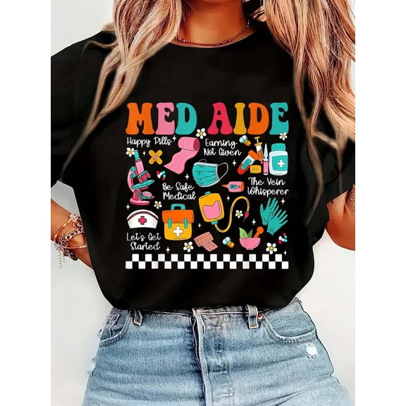 Retro Med Aide Certified Medication Aide Nursing Med Tech T-Shirt Print T-Shirt Casual Crew Neck Short Sleeve Comfort Tee Top For Spring & Summer Women's Clothing