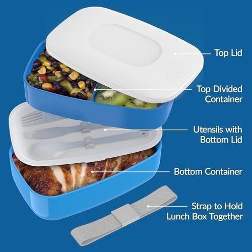 Classic - Adult Bento Box, Stackable 3-Compartment Lunch Box with Removable Utensil Set and Sealing Strap, BPA-Free, Food Container Ideal for Meal Prep, Work, and On the Go (Blue)