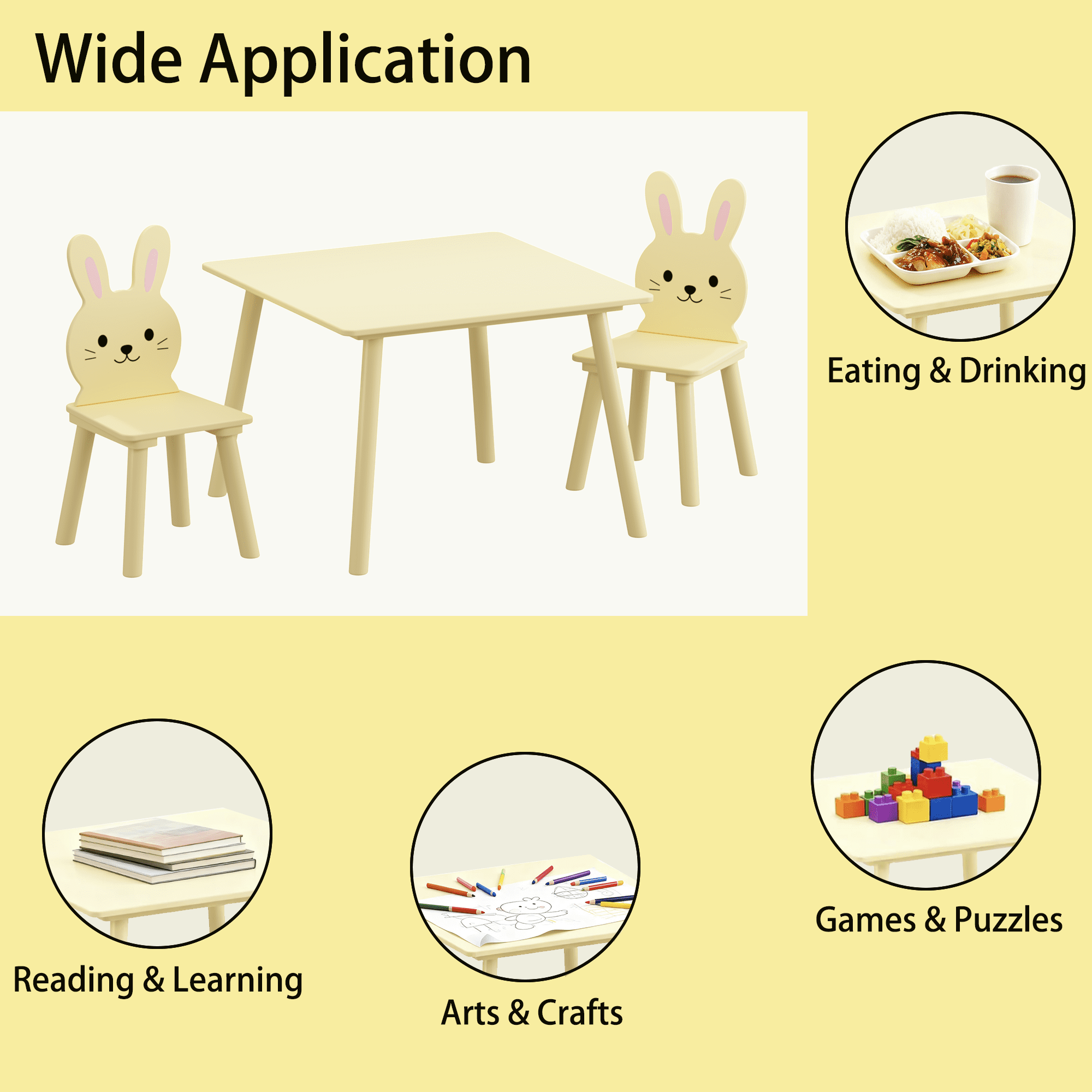 PORKISS Kids Table and 2 Bunny Chairs Set, 3 Pieces Wood Activity Table Drawing Play Table and Chairs Set, Adorable Animal Design Study Desk Table Chairs Set for Toddler, Yellow