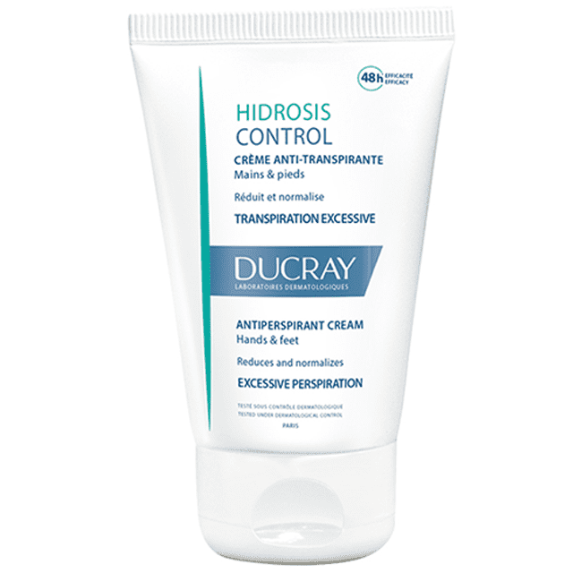 hidrosis control crema pies y manos 50 ml tubo frontal, envase blanco con tapa abatible y logotipo Ducray; etiqueta bilingüe indica crema antitranspirante para manos y pies para controlar sudoración excesiva, a menudo usada como parte de la rutina de higiene personal.