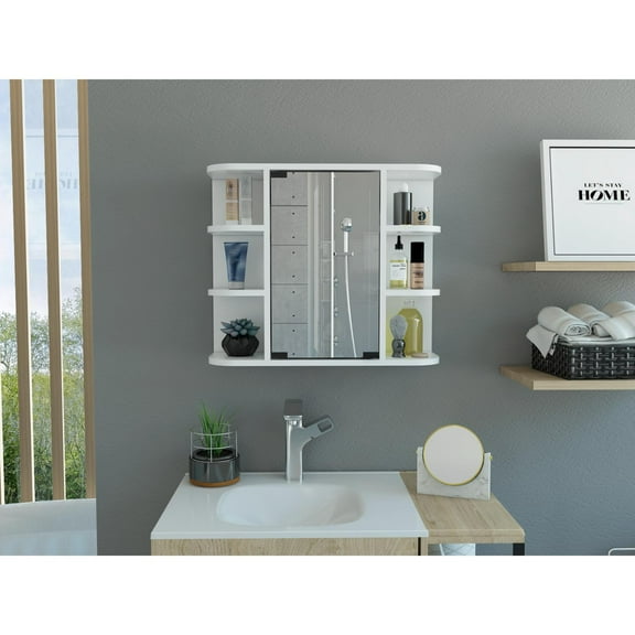 Milan Medicine Cabinet, Six External Shelves Mirror, Three Internal Shelves White