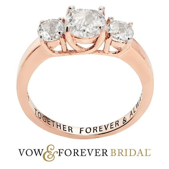 Vow & Forever Personalized Planet Bridal 14K Rose Gold over Sterling Silver Brilliant White Topaz Three Stone Engraved Wedding Ring ,Women's