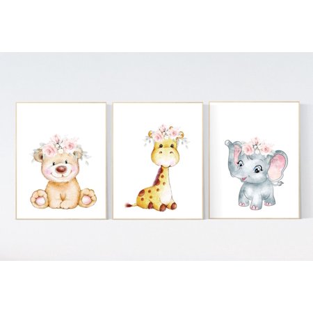 UNFFRAMED Luvia Set of 3 Floral Jungle Animal Nursery Poster Set Elephant Giraffe Bear Purple Pink Baby Girl Room Decor Prints Set 3 Prints 8x12