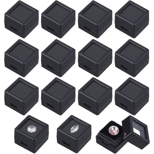 Cajas de almacenamiento de diamantes sueltos de plástico en forma de cubo, vitrina de piedras preciosas con ventana de acrílico transparente y esponja en el interior, color negro, 2 x 2 x 1,6 cm