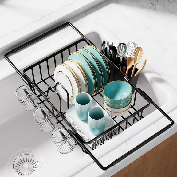 Dish Drying Rack in Sink , Expandable Stainless Steel Dish Rack Over The Sink, Kitchen Sink Drain Strainer with Cutlery Holder & Cup Holders, Fruit and Vegetable Drain Basket,15.4 x 9.8 x 3.0 Inch