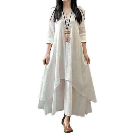 

AMILIEe Cotton Linen Long Dress for Women Long Sleeve Ruffles Hem One-piece