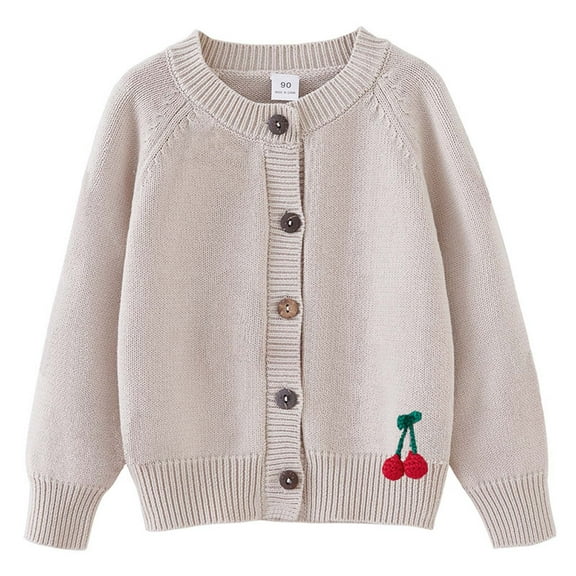 Spazoro Kids Girls Sweaters, Button Down Long Sleeve Fall Winter Cherry Cotton Cardigan for Child Girls Khaki Size 5 T