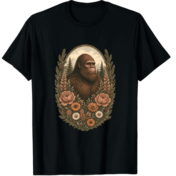 Floral Bigfoot Portrait Graphic Unisex T-Shirt, Cotton Short Sleeve Tee