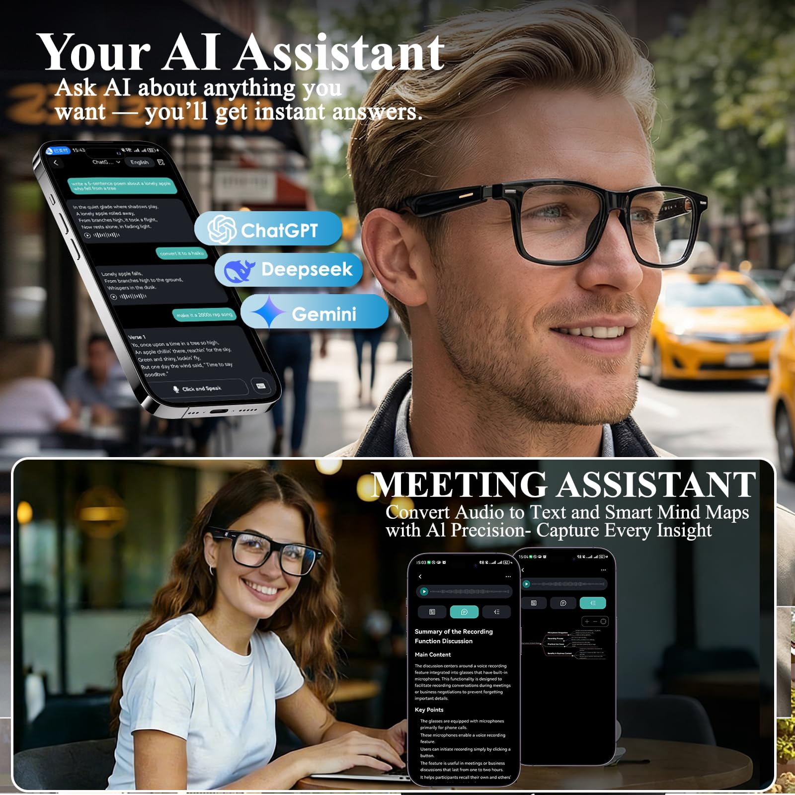 AI Smart Glasses for Men & Women with 164 Languages Translation, Photochromic Lenses Bluetooth Glasses for Sports Travel Driving Business