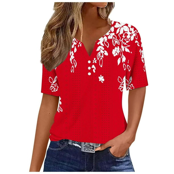 Camisetas Casuales de Mujer con Cuello en V Camiseta de Color Sólido, Manga Corta Casual Top para el Uso Diario