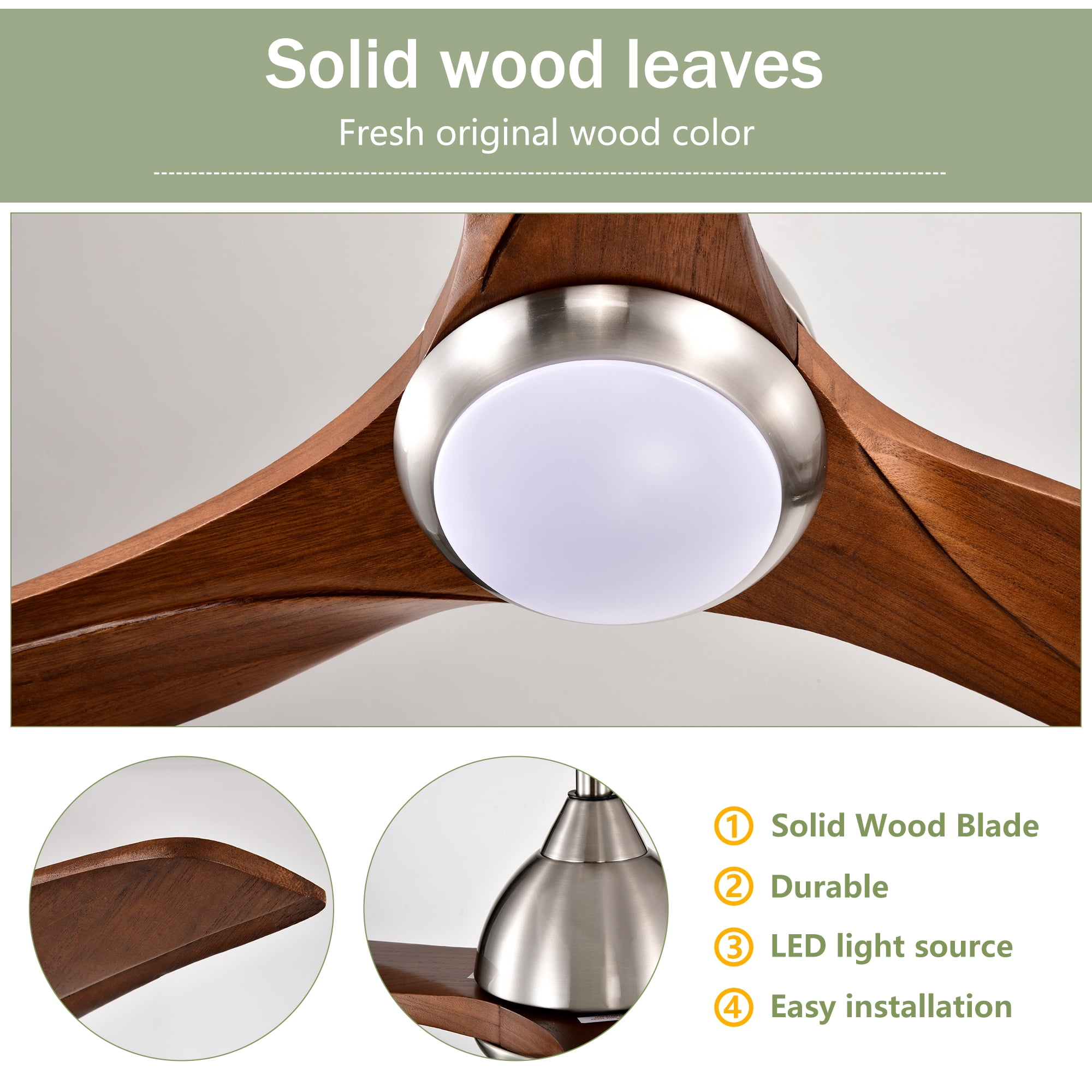 Leumius 52" Solid Wood Blades Ceiling Fan with Light and Remote Control, Noiseless Reversible Motor, 6 Speed for Patio Living Room Bedroom Office Nickel