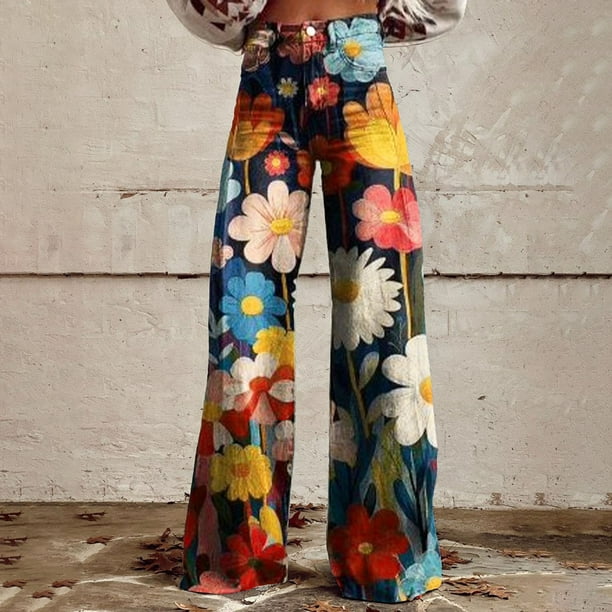 WILLBEST Jeans Mujer Pantalones Vaqueros de Pierna Ancha para Mujer, de Cintura Alta, Estilo Años 90, Con Estampado Floral, Informales, Cómodos y Elásticos, a La Moda. 1227 XXXXL