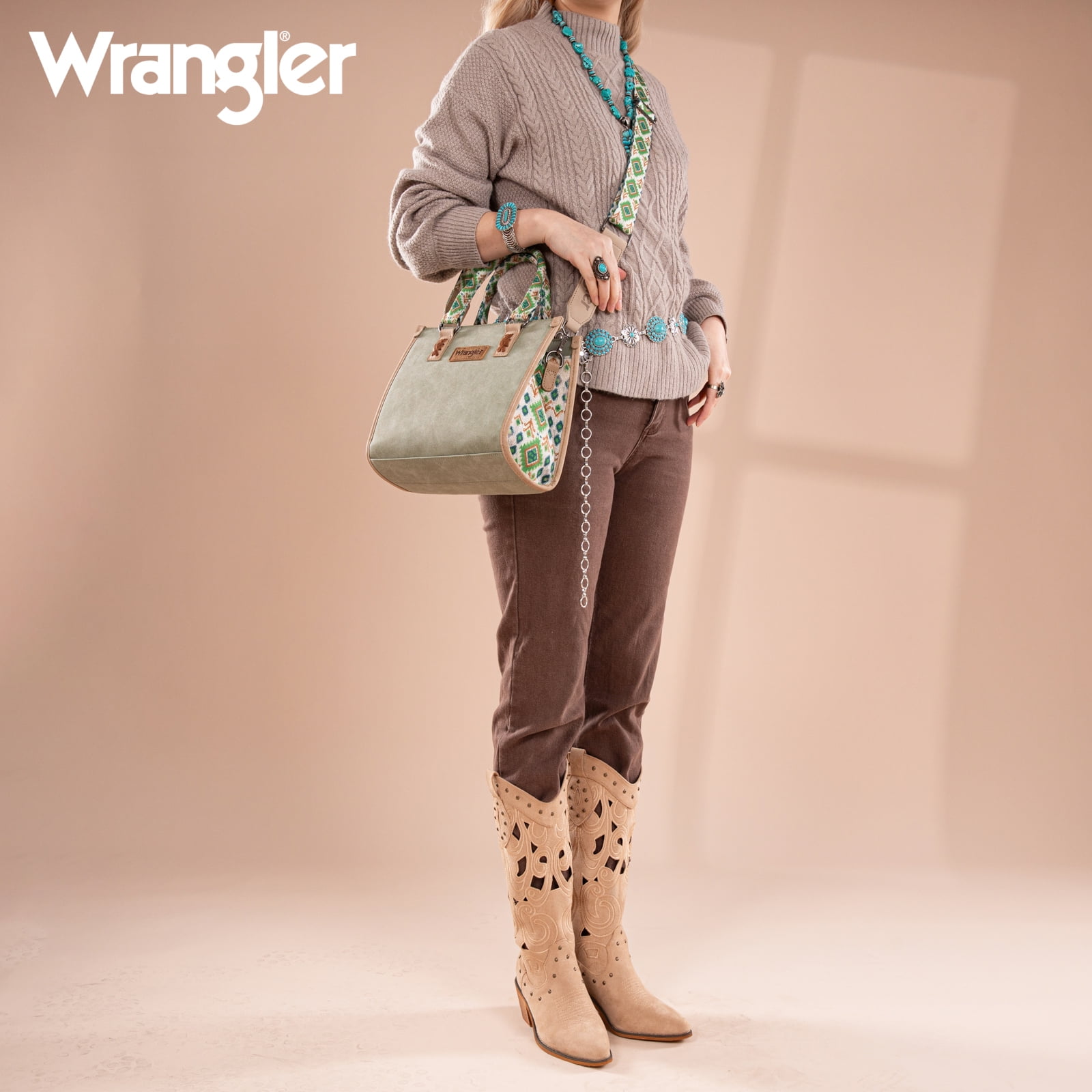 Wrangler Tote Bag for Women Western Retro Purse Top Handle Handbags with Aztec Strap, Green