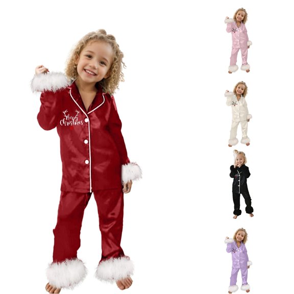 QTSHPN Christmas Pajamas Cute Print Casual Comfort Pajamas Set Long Sleeve Shirt Trousers Two Sets for Children Girls Pajamas
