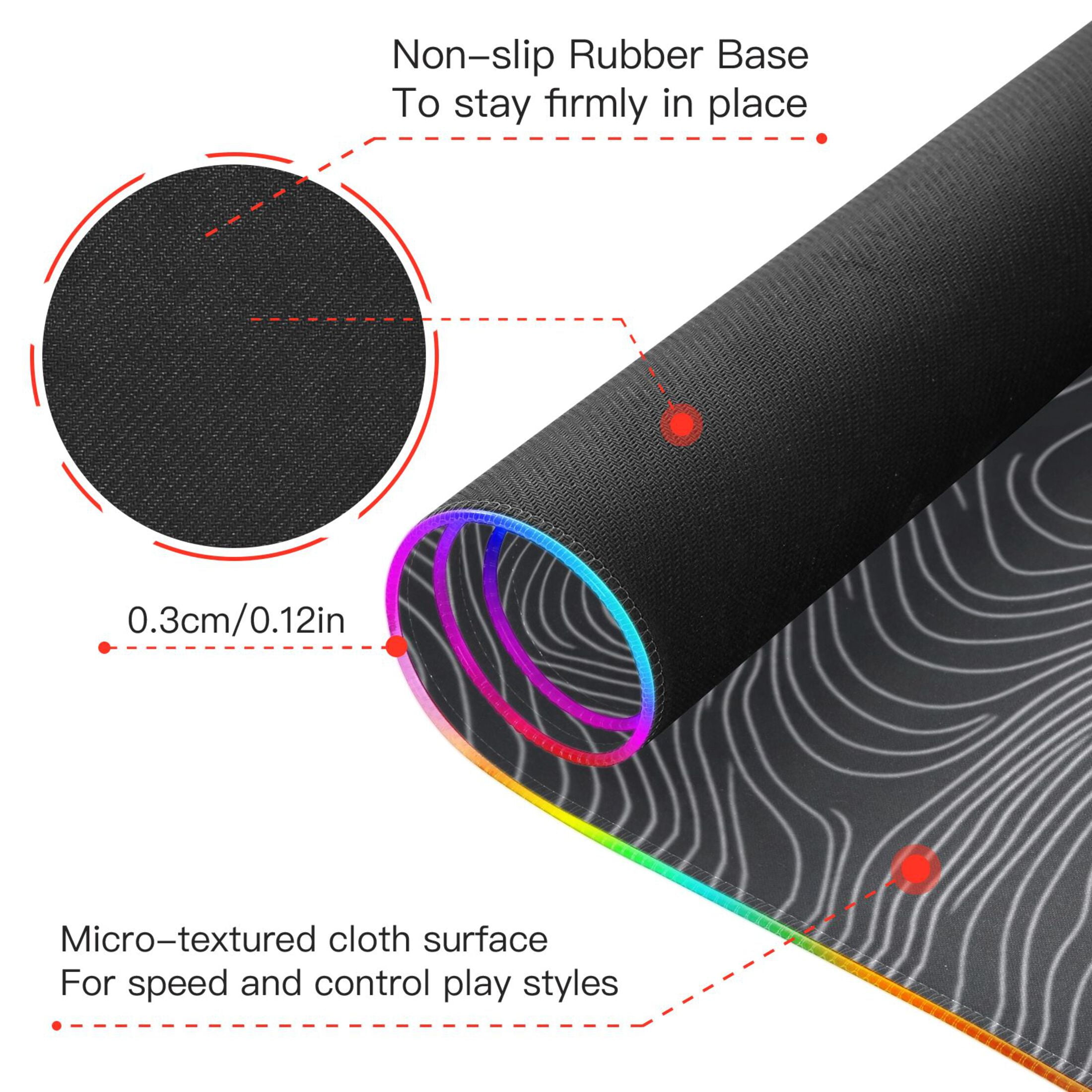 Large RGB Gaming Mouse Pad Led Glowing Mousepad Non-Slip Rubber Base 13 Light Modes 31.5x11.8 Topographic Line