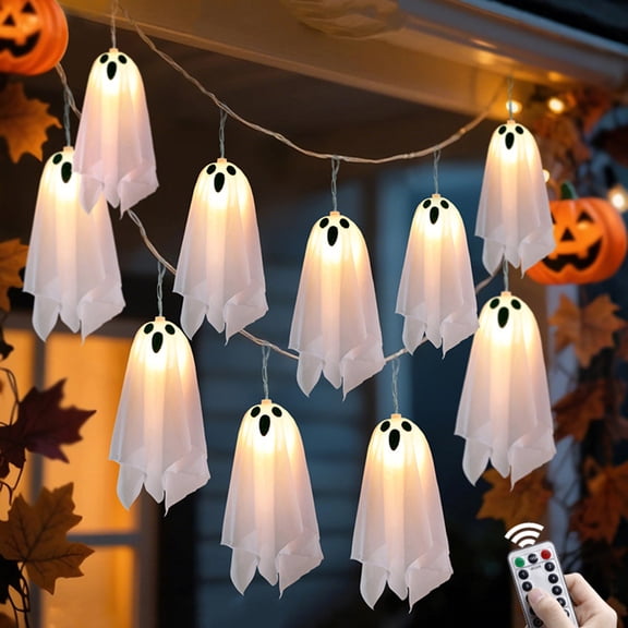 Dserhfy 10 Pcs Halloween Hanging Light-up Ghost Decoration Spooky White Cloth Ghost with String Light for Front Porch Yard Lawn Garden Decor