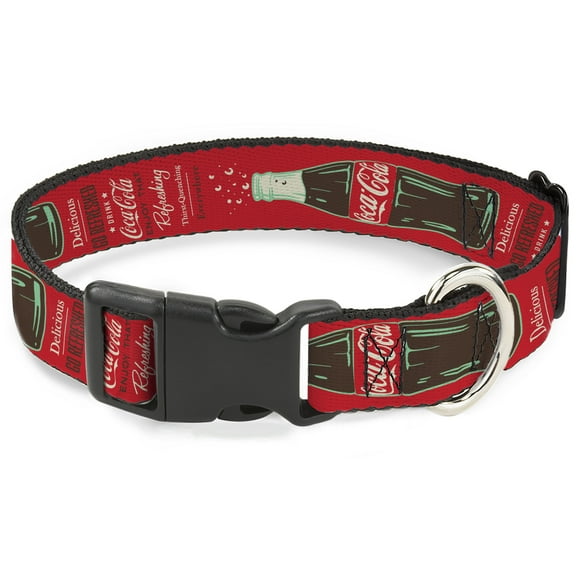 The Coca-Cola Company Pet Collar, Dog Collar Plastic Buckle, Vintage Coca Cola Delicious Go Refreshed and Bottle Red, 7 to 8.5 Inches 0.5 Inch Wide