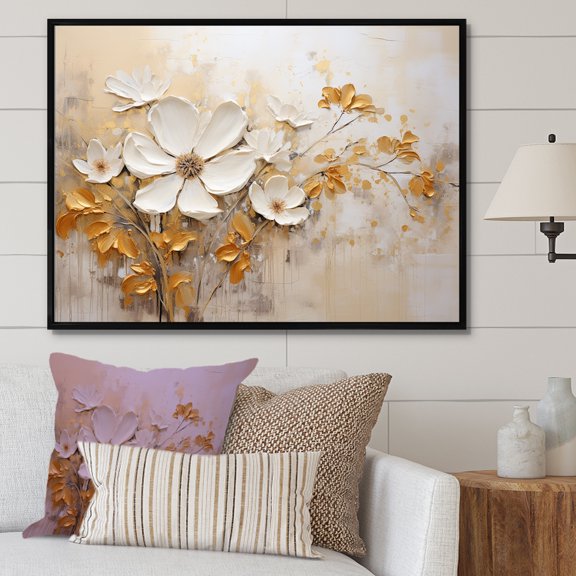 Designart "Blooming Elegance In Beige And Gold" Seasonal Flowers Floater Framed Canvas Art Print