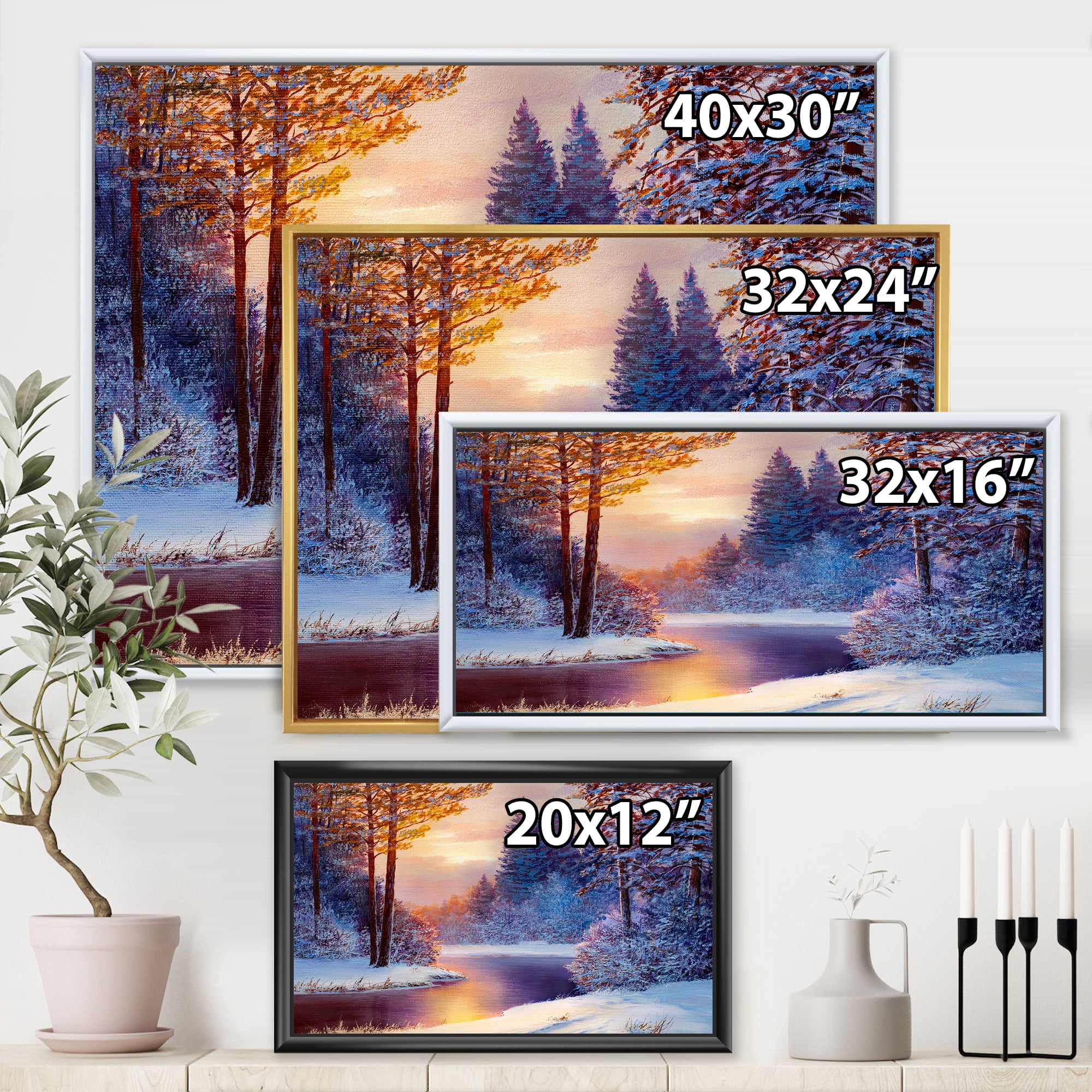 Dark Blue Silhouettes of Trees With Winding River 40 in x 30 in Framed Painting Canvas Art Print, by Designart