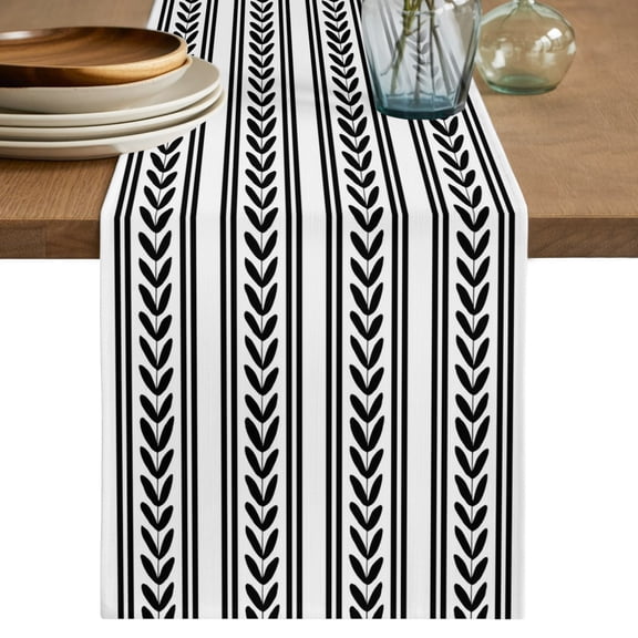 Table Runner 90 Inch Long - Geometric White Black Leaves Stripe Decorative Table Scarf, Modern Ethnic Texture Dining Table Runners for Wedding Party Kitchen Dining Tables