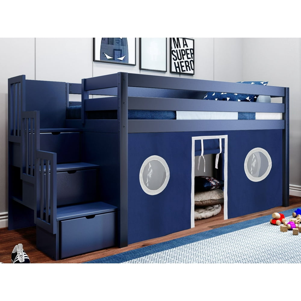 JACKPOT! Contemporary Low Loft Bed with Stairway, Twin, Blue with Blue