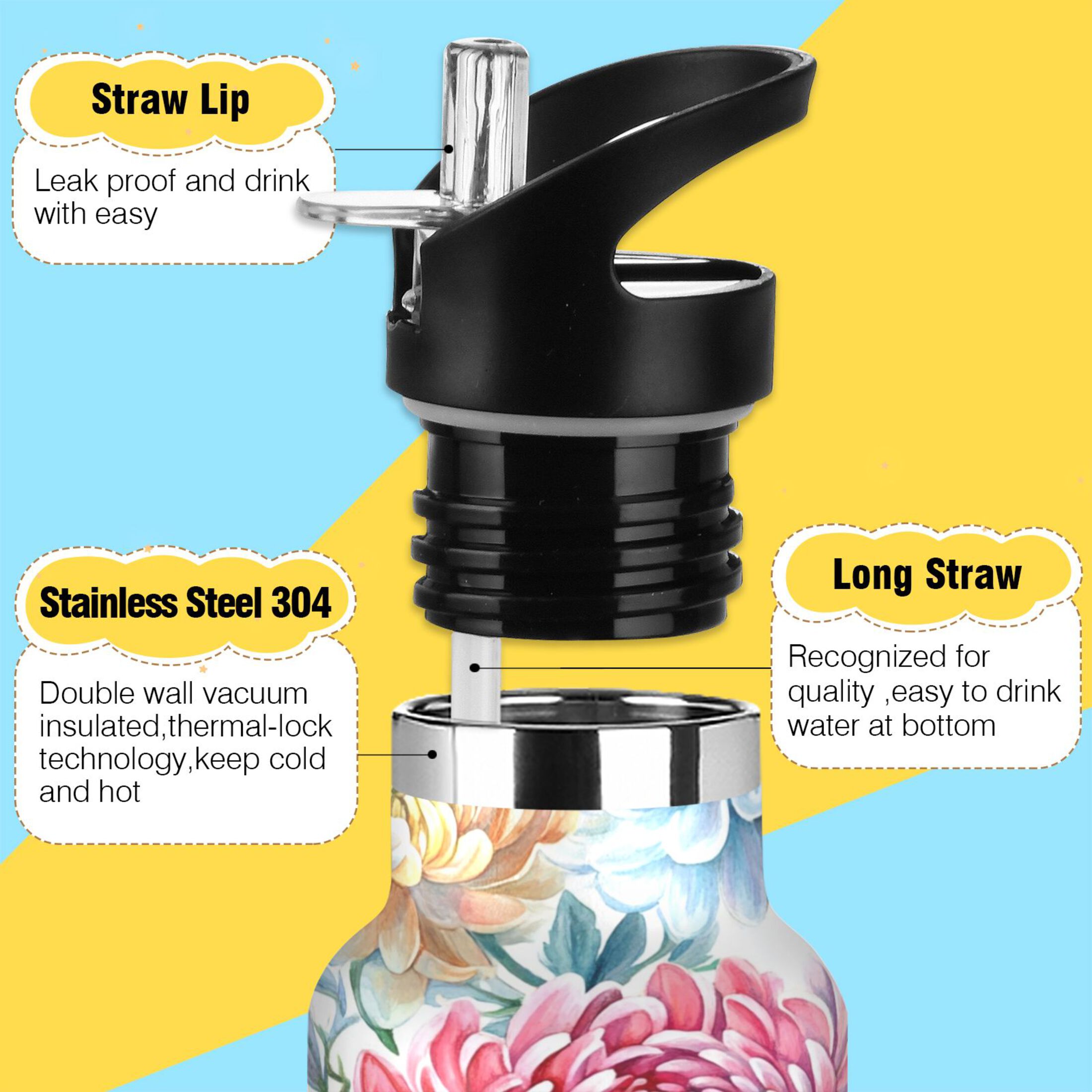 600ML Stainless Steel Insulated Cup Sports Water Bottle Portable Thermos Cup Water Glasses Insulated Tumblers Convenient and Durable Pink Chrysanthemums