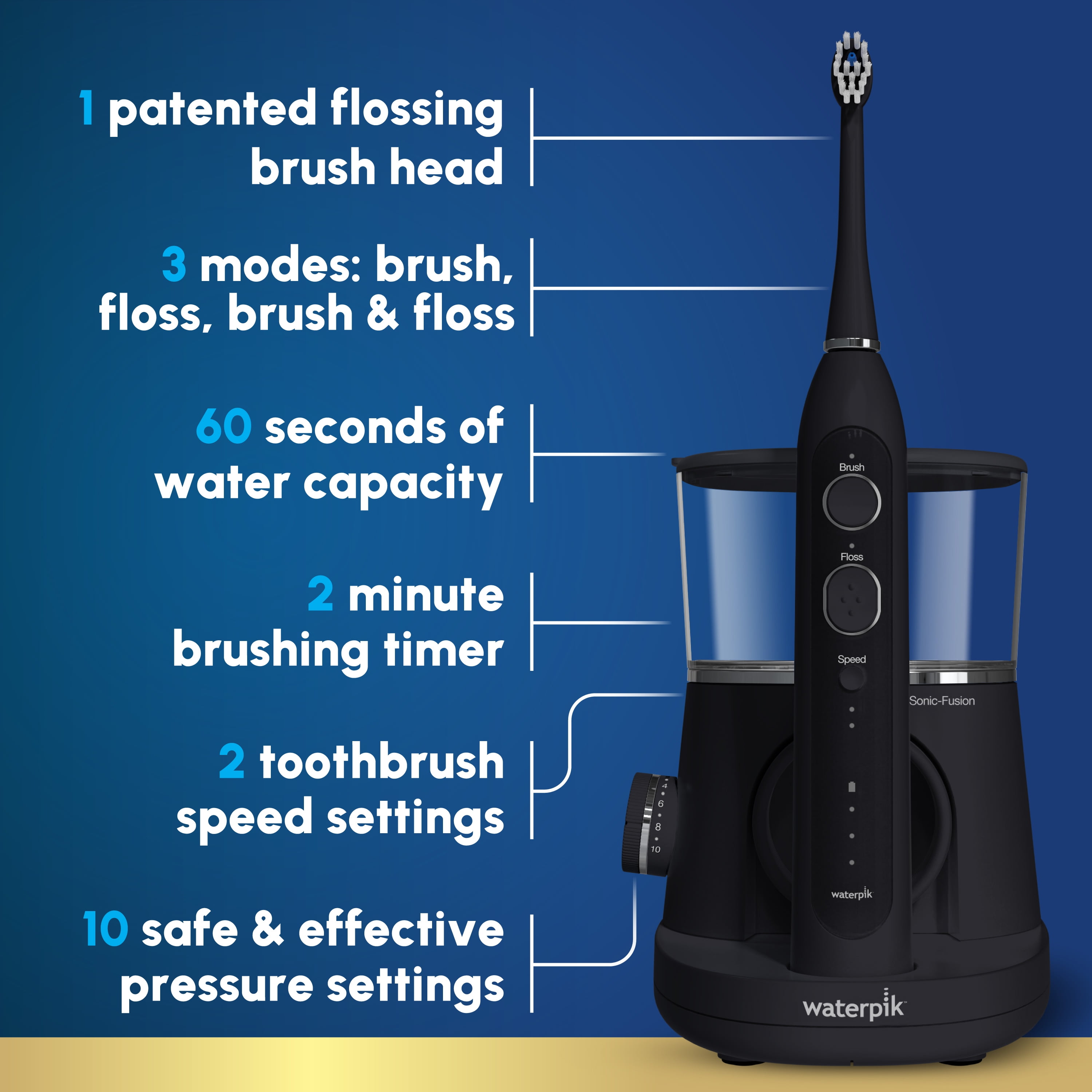 Waterpik Sonic Fusion 2.0 Flossing Electric Rechargeable Toothbrush Set, Black