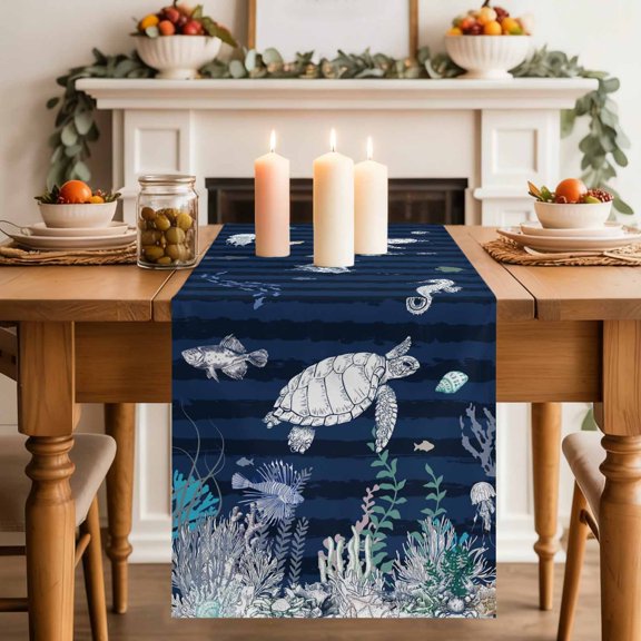 Ocean Coastal Table Runner, Sea Turtle Coral Starfish Seaweed Stripes Cotton Linen Kitchen Table Decoration Washable Dining Tabletop Runners for Home Party Decor 13x60 Inches