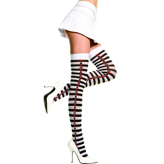 Music Legs Women's Women's Striped Opaque Thigh Hi Poker Card Suit Sides Nylon Costume Hosiery One Size 4675-WHITE/BLACK