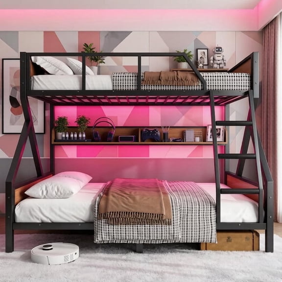 Belleamve Full/Full XL Over Queen Bunk Bed, Metal Bunk Bed with Storage Shelves, LED Light, Heavy Duty Bunk Beds with 2 Ladders, Safety Guardrails, Space-Saving Metal Frame for Adults Teens, Black