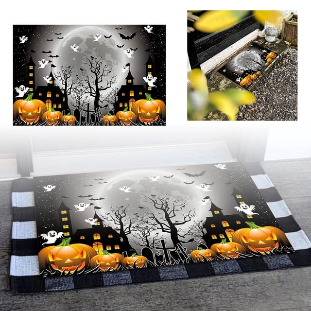 qiangxu,Halloween Door Mats Pumpkin Spooky Ghost Floor Mats Scary Entry Rug Non-slip Rubber Front Doormats Durable and Easy to Clean Carpets Living Room Rugs Black2 31.5*11.84''