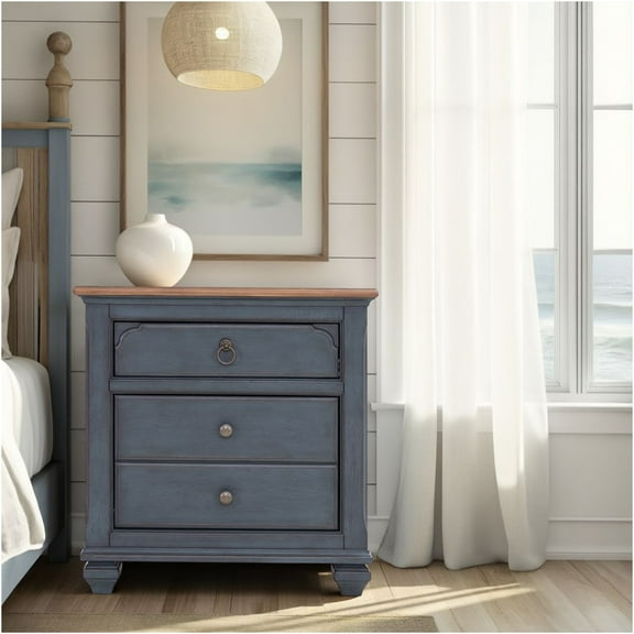 JERFIT 3-Drawer Nightstand with Coastal Charm, Blue Finish, No Assembly Required, Solid Rubber Wood Bedside Table