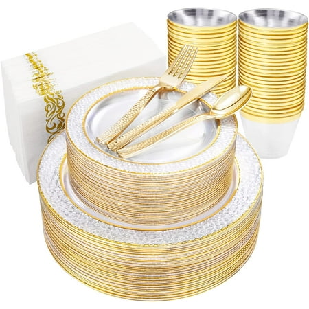 

350PCS Clear Gold Plates & Clear Gold Plastic Plates - Include 50 Dinner Plates 50 Salad Plates 50 Knives 50 Forks 50 Spoons 50 Cups 50 Napkins Ideal for Wedding&Party