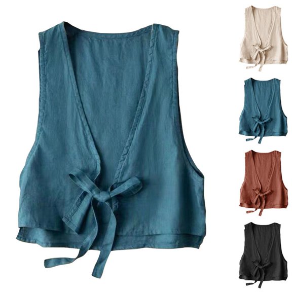 Mgmyaa Women's Sleeveless Cotton Linen Vest Casual Tie Front Solid Color Summer Outwear Top