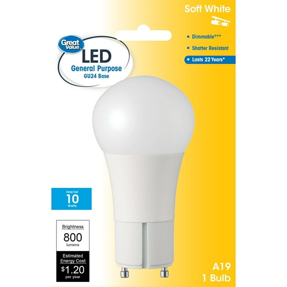 Great Value LED Light Bulb, 10 Watts (60W Equivalent) A19 General Purpose Lamp GU24 Base, Dimmable, Soft White, 1-Pack