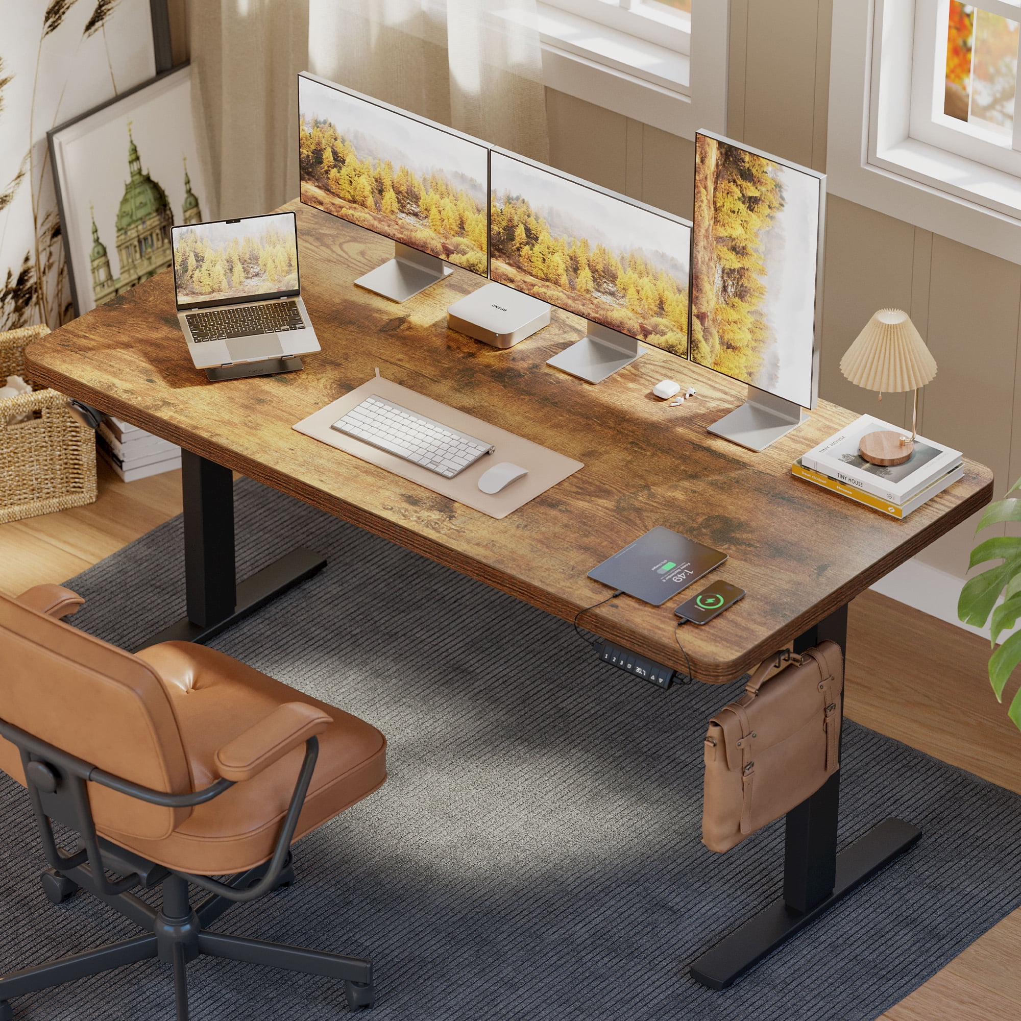 63 Inch Dual Motor Electric Adjustable Standing Desk, Computer Desk with Memory Controller, Home Office Desk with Seamless tabletop,265 lbs Weight Capacity,Rustic Brown (Two packages)