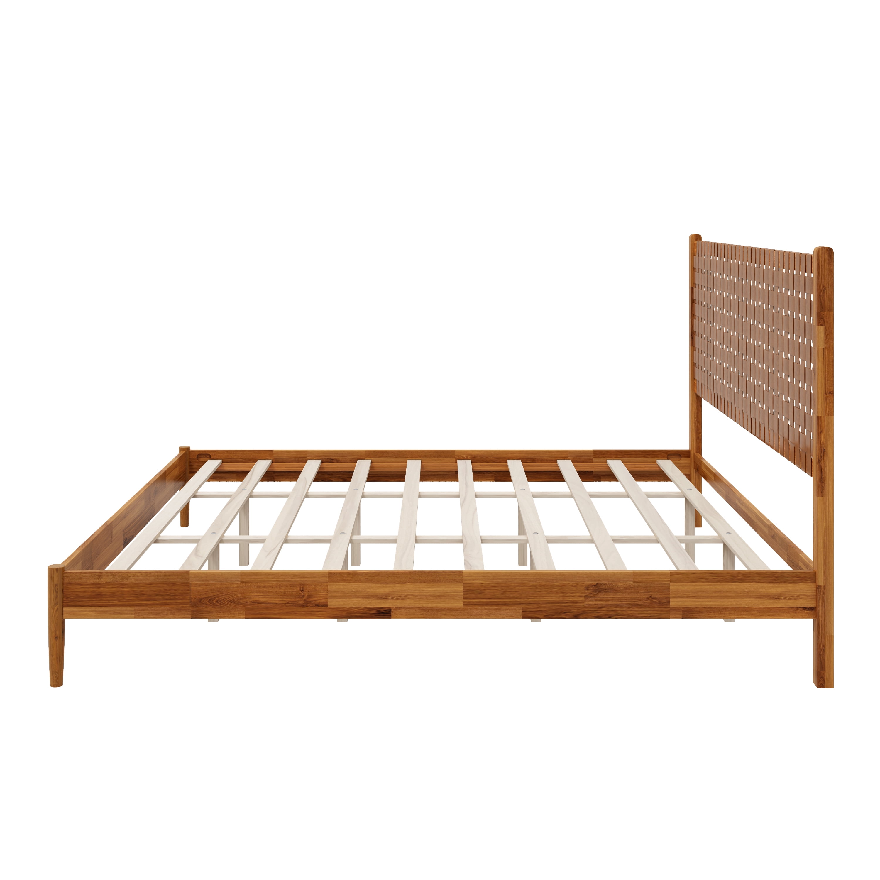 Euroco Solid Acacia Wood King Size Platform Bed, Mid-Century Modern Style Bed with Hand-Woven Vegan Leather Headboard, No Box Spring Needed, Caremel