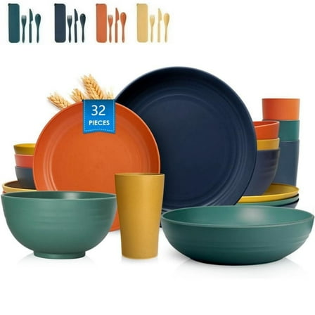 Unbreakable Wheat Straw Set - Microwave and Dishwasher Safe Soup and Salad Bowls, 32-Piece Set, BPA Free, Multicolor