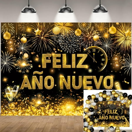 Feliz Año Nuevo Backdrop Spanish Happy New Year Background Black Gold Glitter 2026 New Years Eve Party Decorations Banner Supplies Photo Booth Props