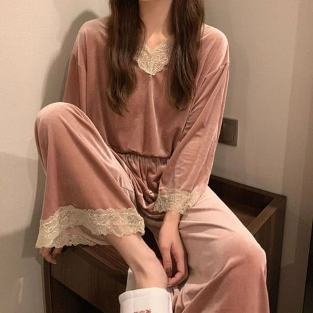 

CoCopeaunt Woman Pijamas Velvet Pajamas Sleepwear Women Winter Lace Trouser Suits Home Clothes Pyjama Pour Femme Two Piece Set Pijamas