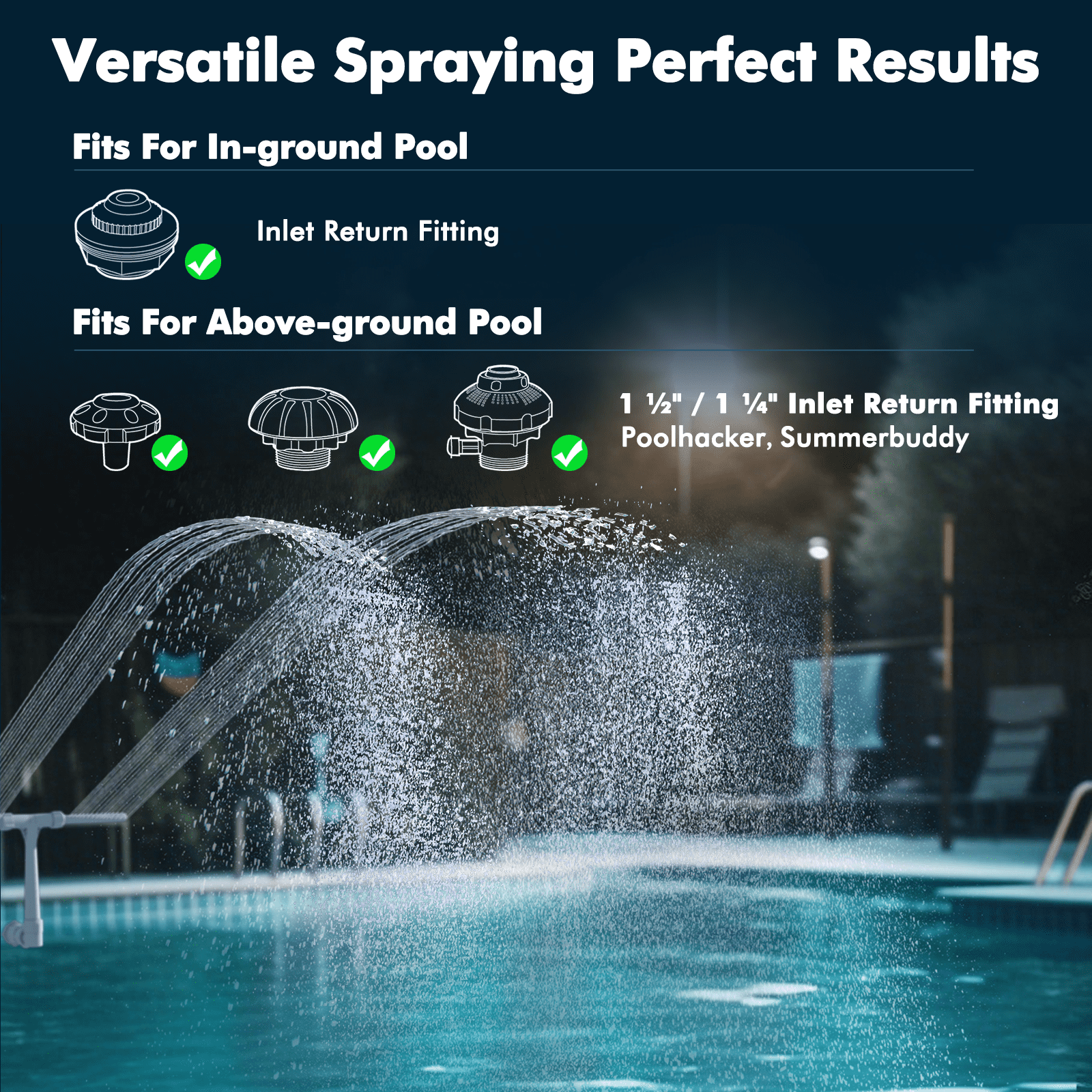 POOLHACKER Pool Fountain for Above Ground & Inground Pools, Dual-Jet Adjustable Waterfall Spray Head, 360° Direction, Fits 1.5" & 1.25" Fittings