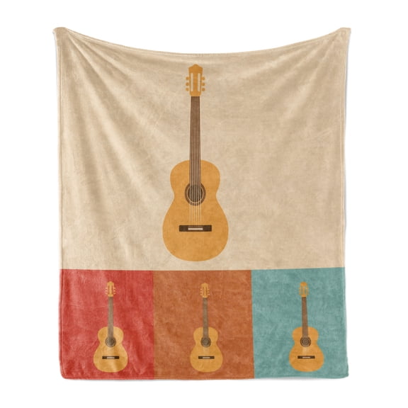 Guitar Soft Flannel Fleece Throw Blanket, Retro Acoustic Guitars in Colorful Frames Nostalgic Music Stringed Instrument, Cozy Plush for Indoor and Outdoor Use, 70" x 90", Multicolor, by Ambesonne