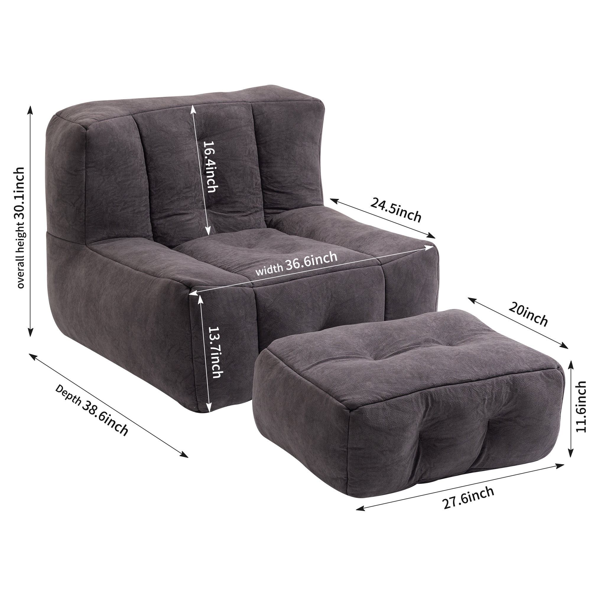 DEALTOPS Fluffy Bean Bag Chair with Ottoman for Adults & Teens, Super Soft Lazy Sofa Chair with Memory Foam for Living Room, Bedroom, Apartment-Black