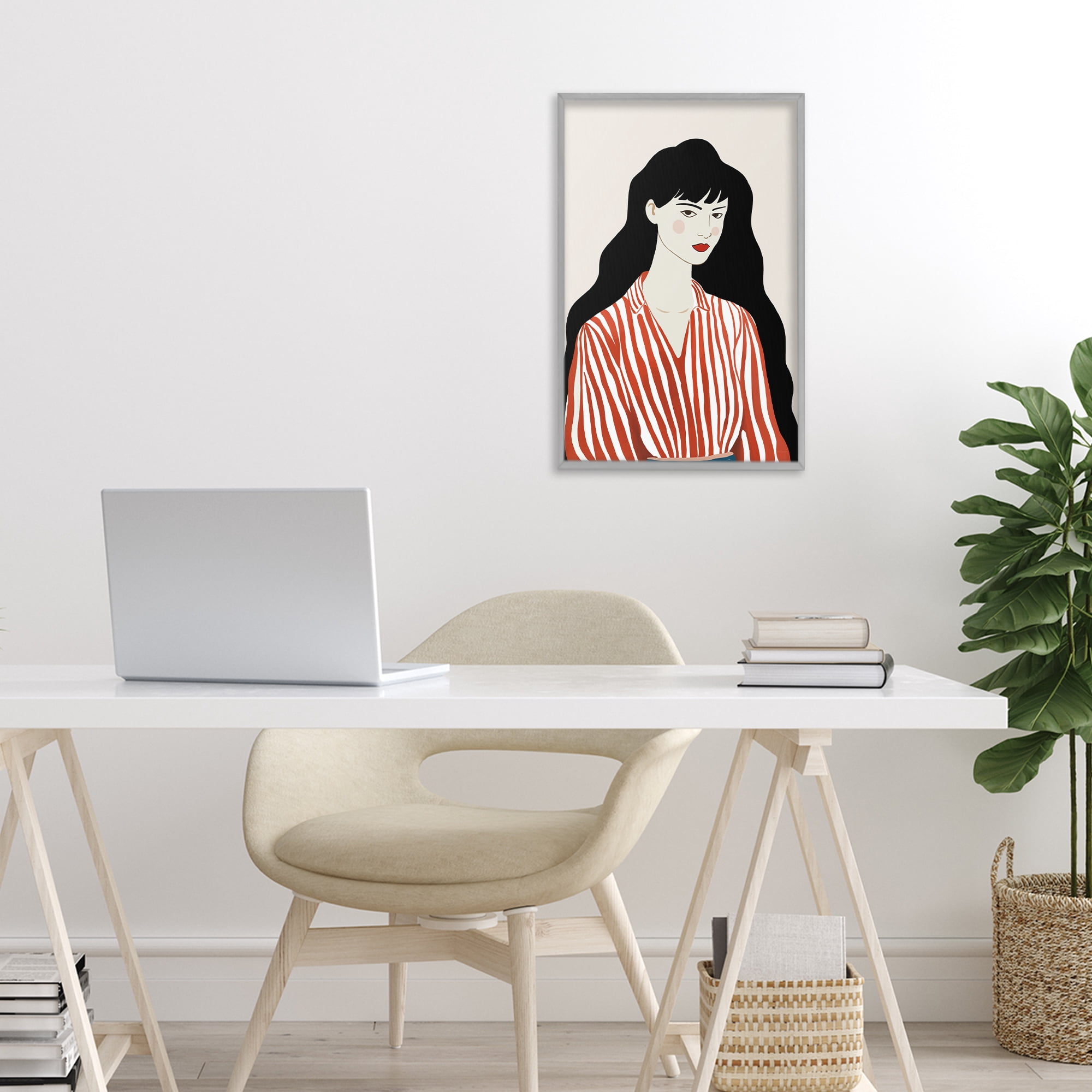 Stupell Industries Woman in Striped Blouse Gray Framed Giclee Art, design by Omar Escalante