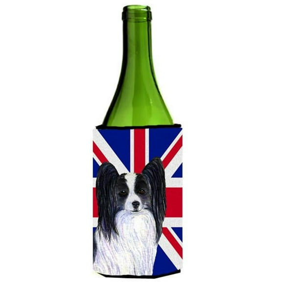Papillon With English Union Jack British Flag Wine bottle sleeve Hugger - 24 Oz.