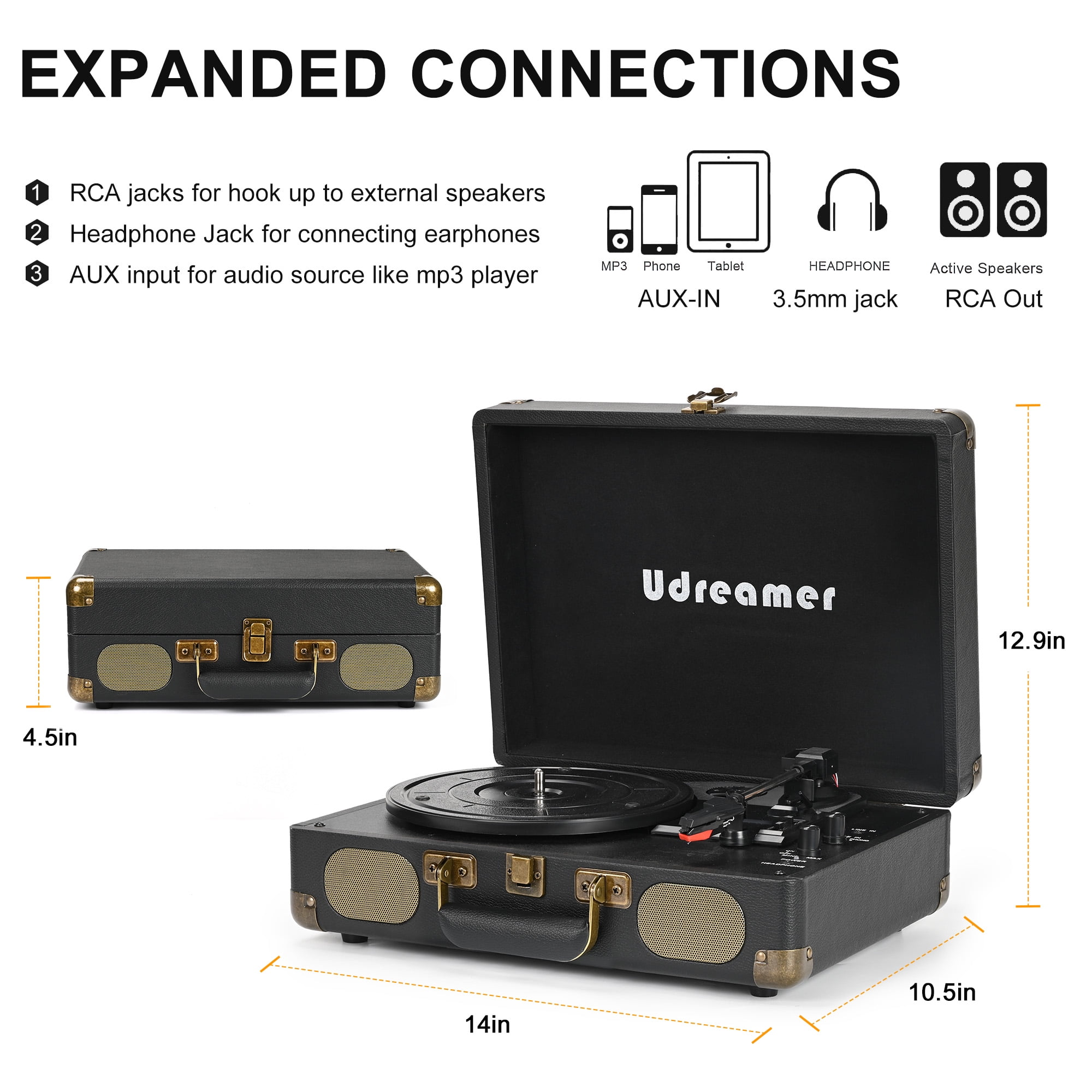 Udreamer Vinyl Record Player with Speakers,Turntables for vinyl records,Portable Suitcase Vinyl Player (tocadiscos de vinilo),Black