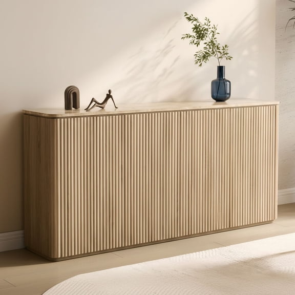Hvoonc 65.5"W Fluted Sideboard Buffet Cabinet with Storage, Faux Marble Top, 4 Push-to-Open Doors, Modern Credenza Cabinet for Dining Room, Kitchen, Living Room, Natural Oak
