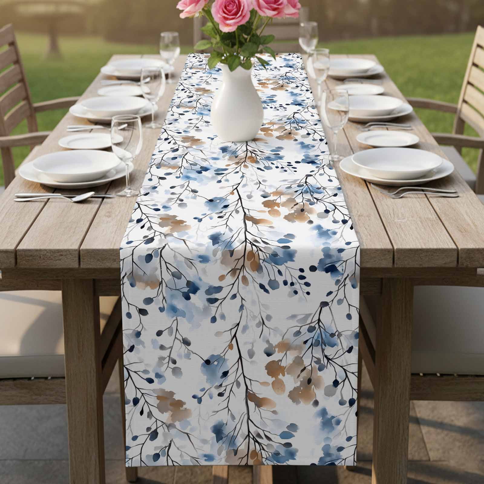 Blue Brown Spring Floral Table Runner, Summer Botanical Art Washable Cotton Linen Table Runners 90 Inches Long, Dresser Scarf Runner for Dining/Coffee/Kitchen/Hallway Tables 13''x90''