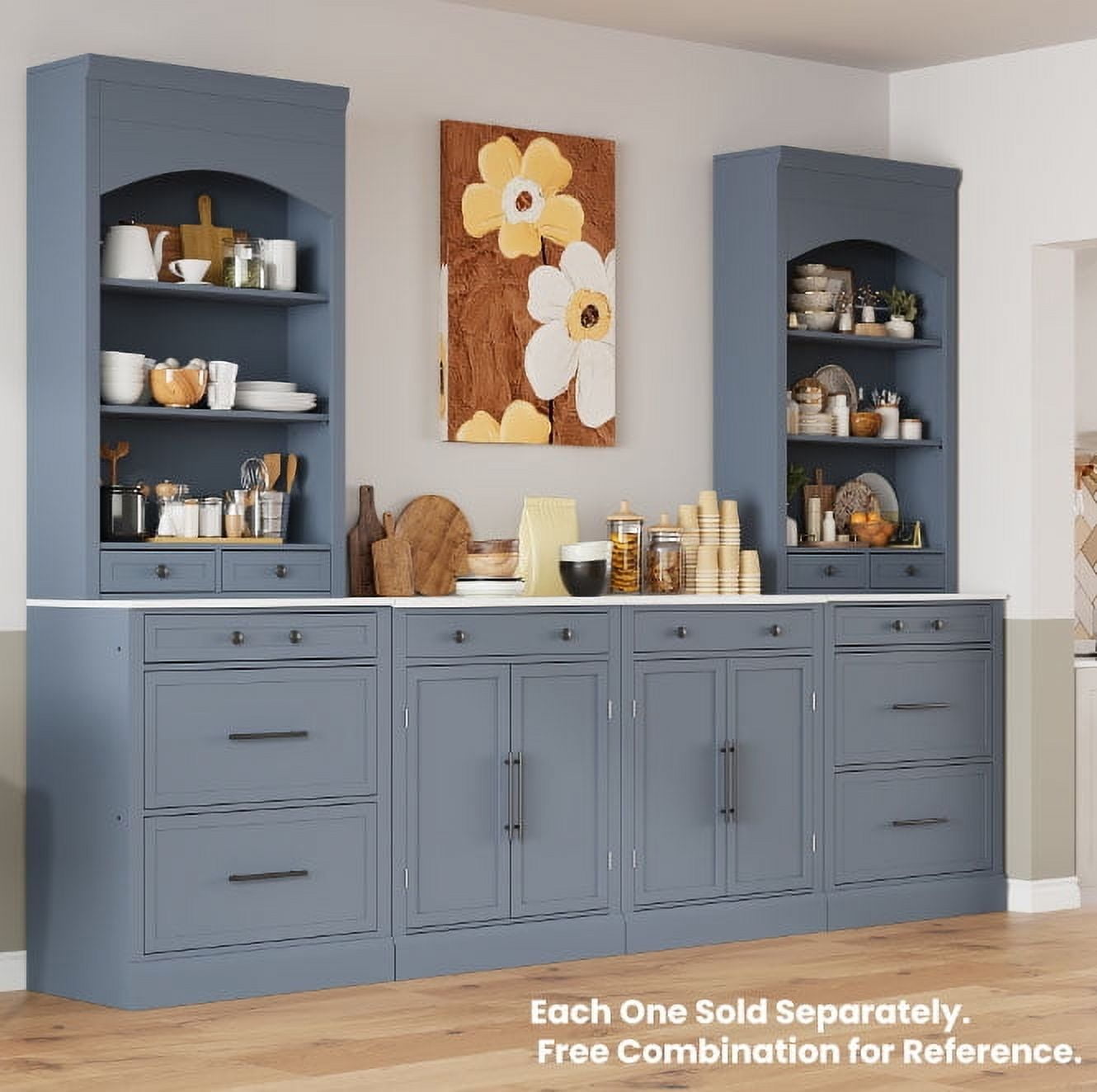 Harper & Bright Designs Freestanding Kitchen Pantry Storage Cabinet with Drawers and Shelves, Large Kitchen Hutch with Door Towel Rack Power Outlet, Gray