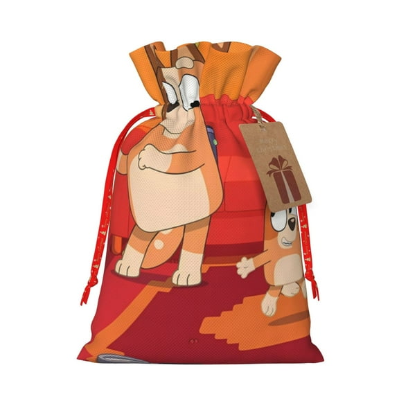 Masiiu Bluey Print Christmas Gift Bag, Burlap Drawstring Pouch with Kraft Paper Card for Holiday, Party, and Birthday Wrapping-Small